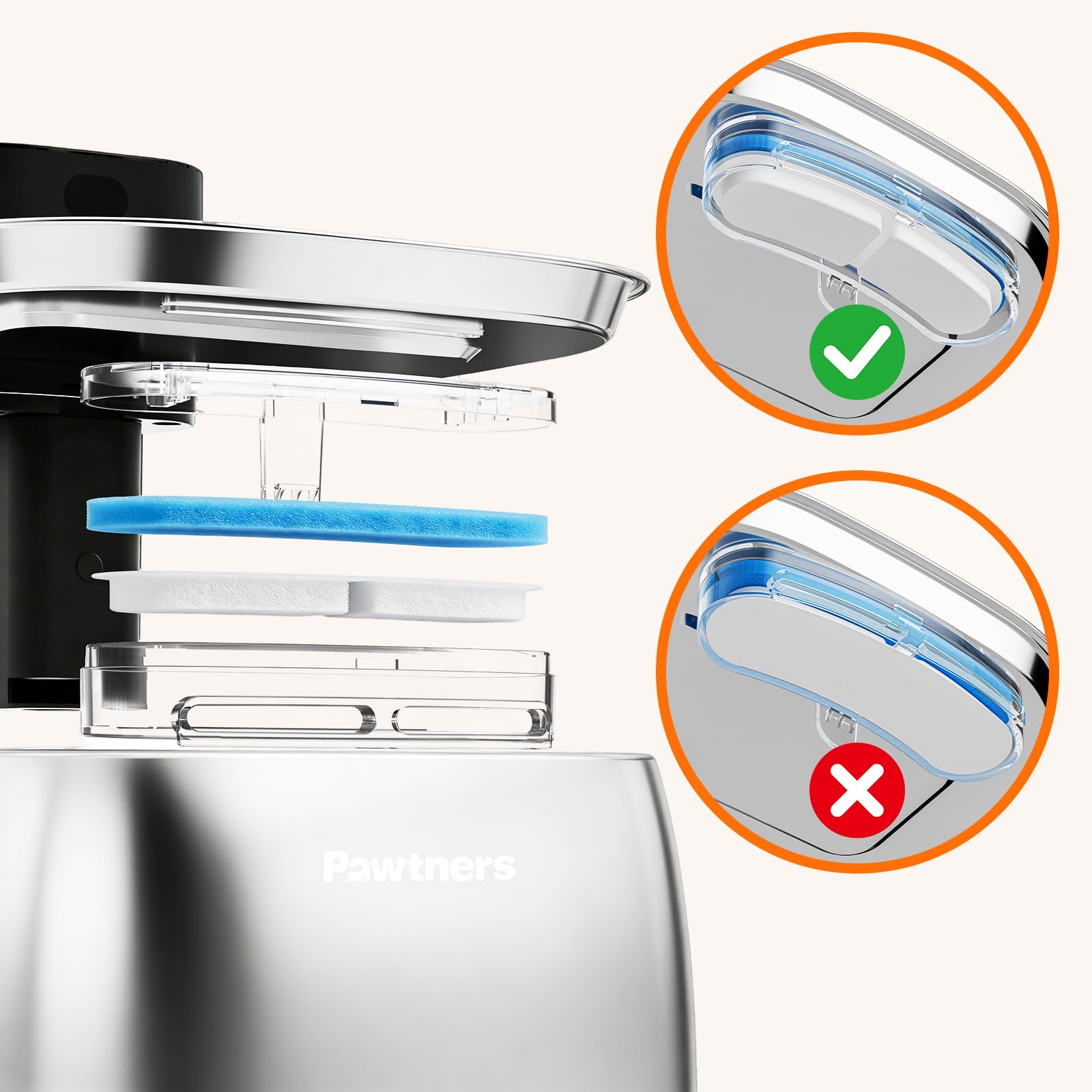 Pawtners Ersatzfilter für Pumpless-Katzen-Wasserbrunnen STR-PT-108A, mehrschichtige Filtration für Katzen-/Hundebrunnen, komplettes Set mit 8 Filtern und 8 Schwämmen, 8 Stück