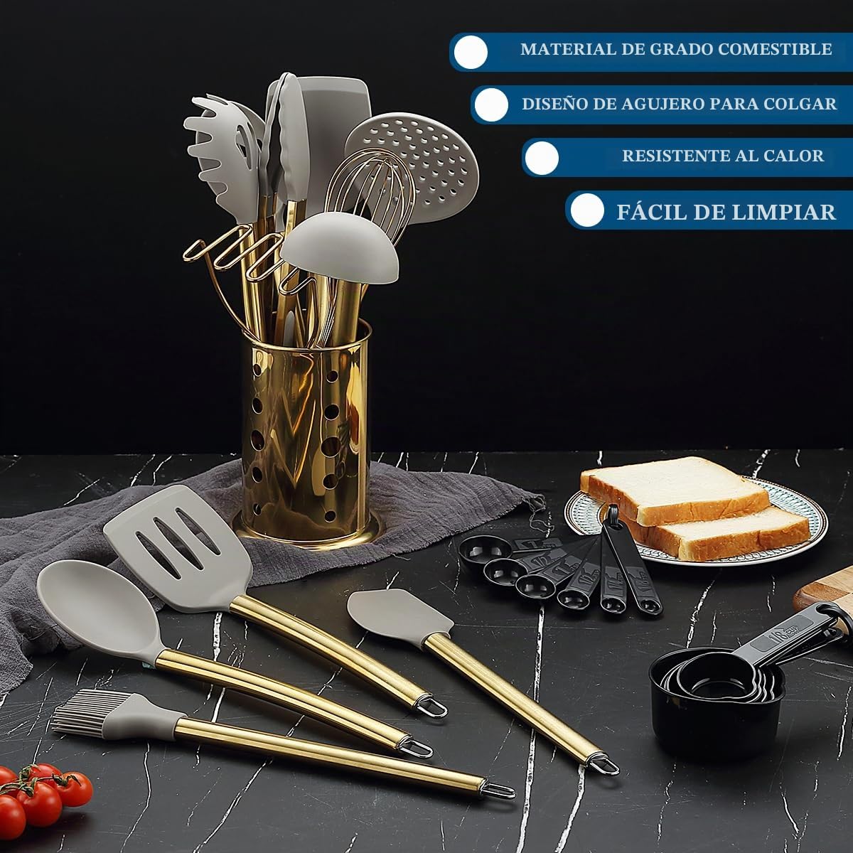 Juego de Utensilios de Cocina Dorados, Kyraton 38 Utensilios de Cocina de Silicona Antiadherente, Juego de Cucharas y Espátulas con Robusto Porta Utensilios de Acero Inoxidable, Apto para Lavavajillas