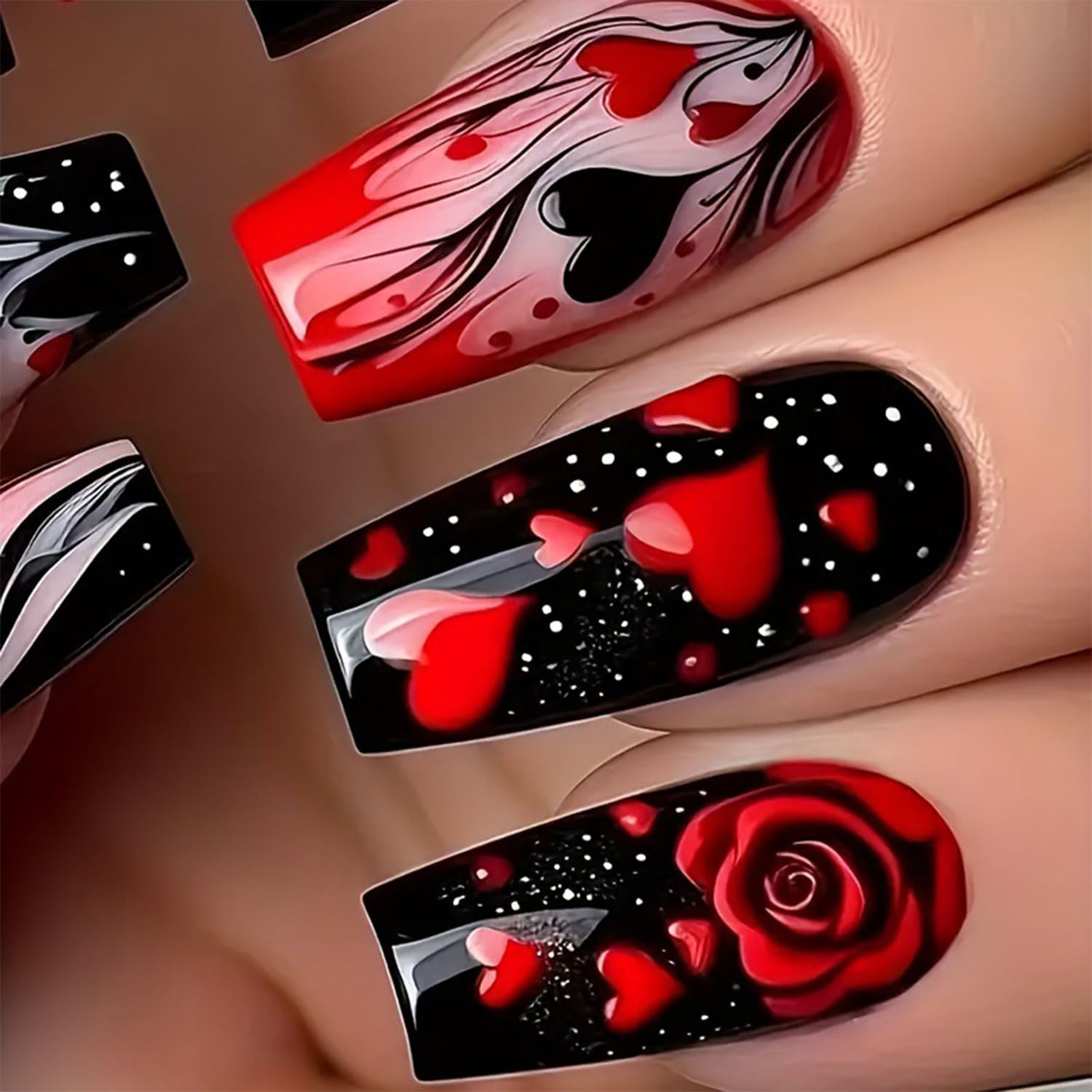 24Pcs Valentines Press On Nails Medium Square Fake Nails Red Black Heart Nails Press Ons with Love Rose Designs False Nails Full Cover Glue On Nails Glossy Stick On Nails for Women