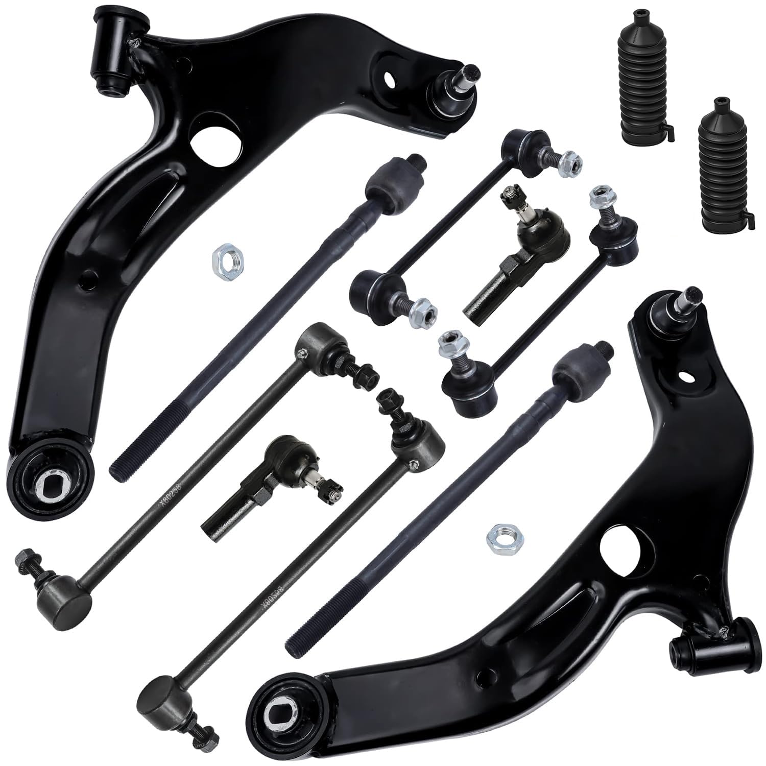 Detroit Axle - Front End 12pc Suspension Kit for 2001 2002 2003 Mazda Protege Protege5, 2 Lower Control Arms w/Ball Joints, 4 Inner &amp; Outer Tie Rods, 4 Front Rear Sway Bar Links, 2 Boots Replacement