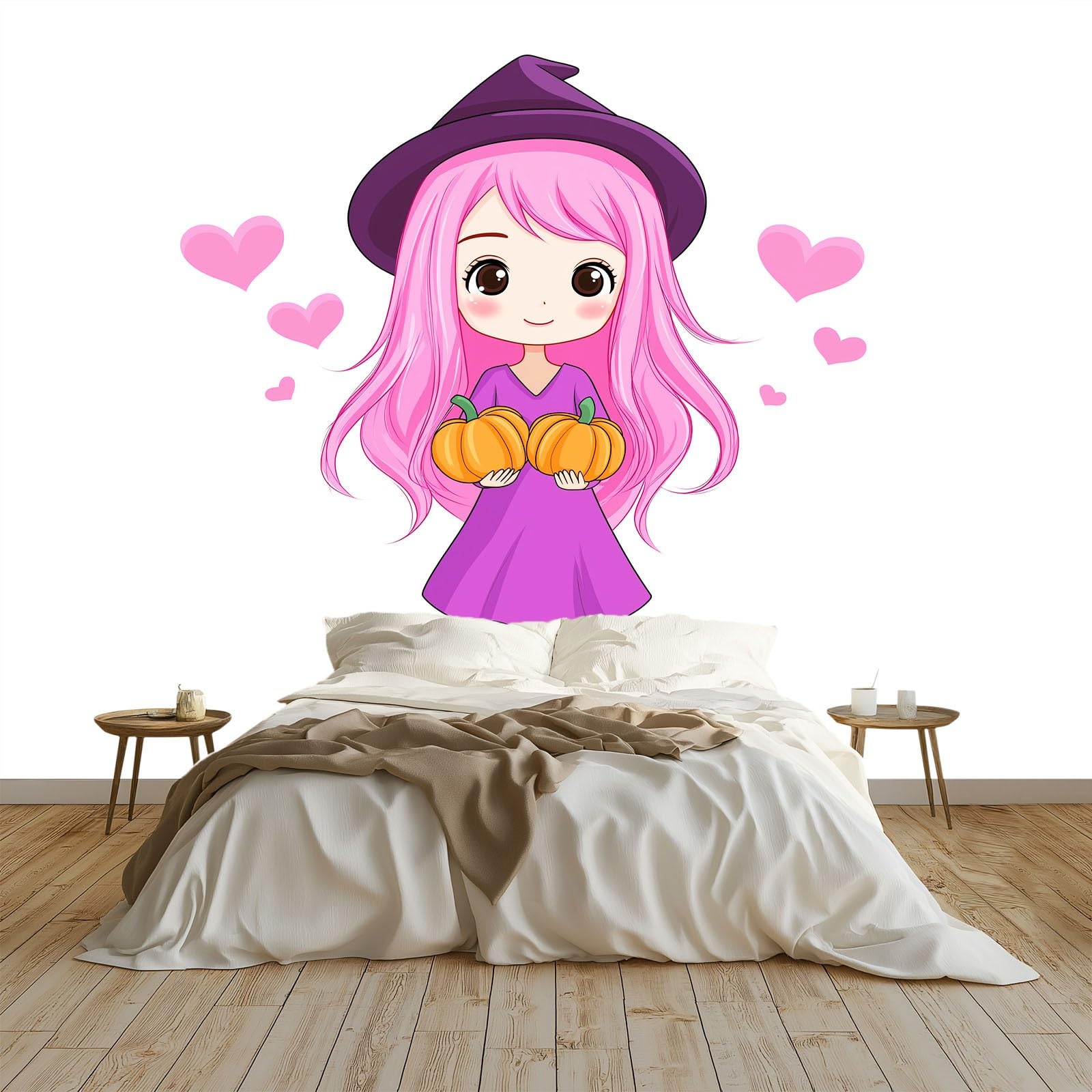 Motyw Halloween panoramiczny plakat tapeta 350 x 256 cm (szer. x wys.), kreskówka różowa czarownica dynia tapeta mural na ścianę akcentującą do sypialni salonu przedpokoju - wodoodporny i zdejmowany