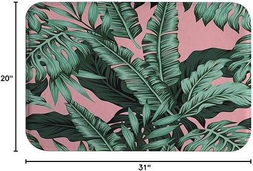 Tapete de baño antideslizante, absorbente de agua, lavable, con hojas verdes tropicales, hojas exóticas de palmera de plátano, fondo rosa, tapete de