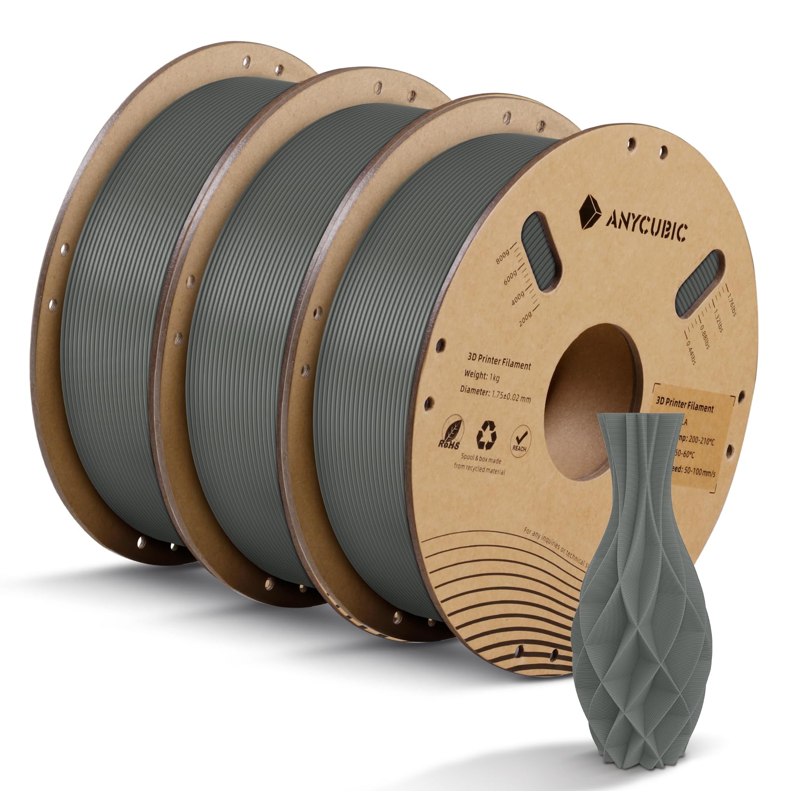 ANYCUBIC PLA Filament, 1.75mm 3D Printing PLA Filament with Intelligent Identification,Dimensional Accuracy +/- 0.02mm for FDM Printer, 3KG Spool, Grey