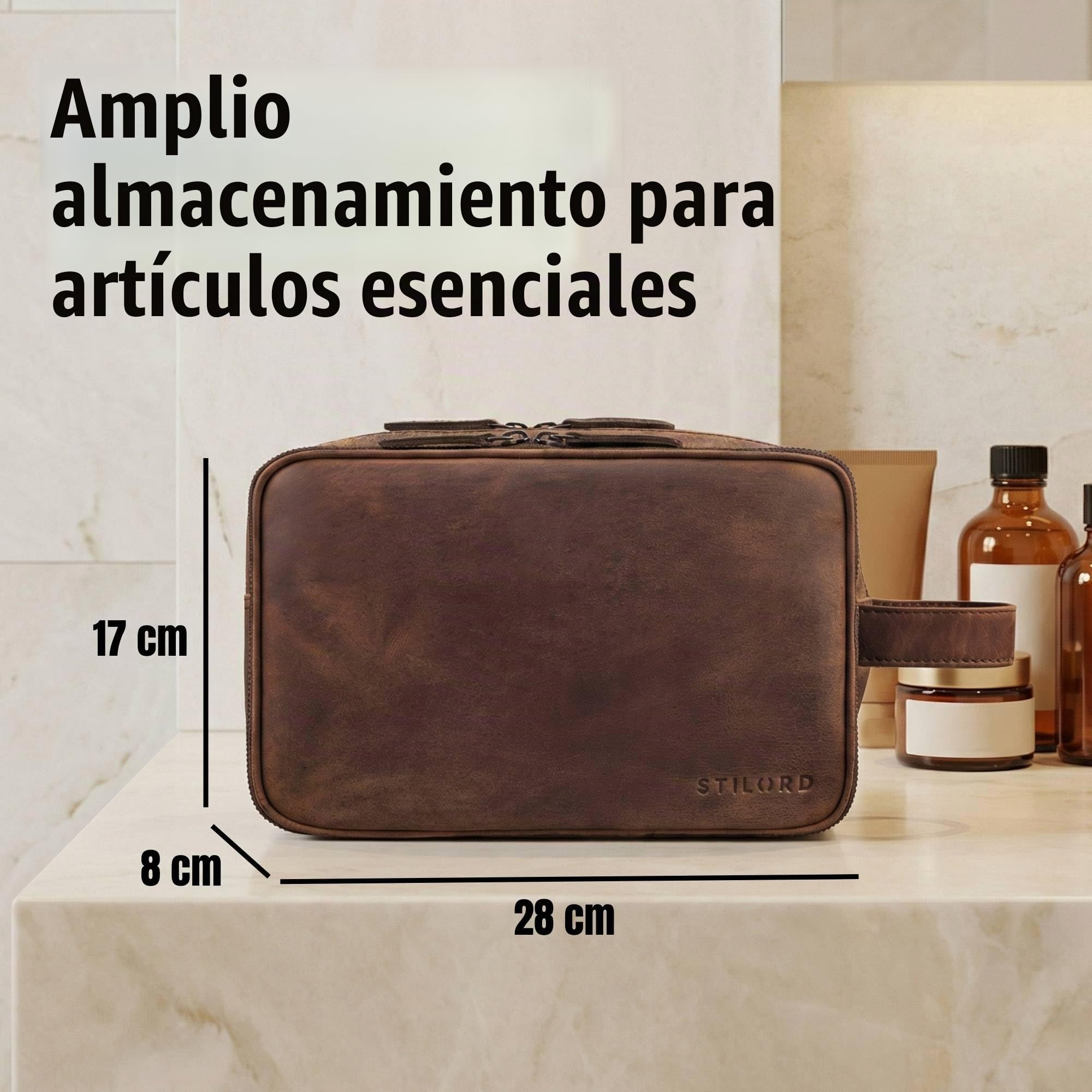 STILORD 'Catania' Neceser Grande de Cuero Hombre y Mujer Bolsa de Aseo Caja de Maquillaje Piel Bolsa Cosmeticos Estuche Necessaires Bolso Viaje Necesere Avion Bolso, Color:Zamora - marrón