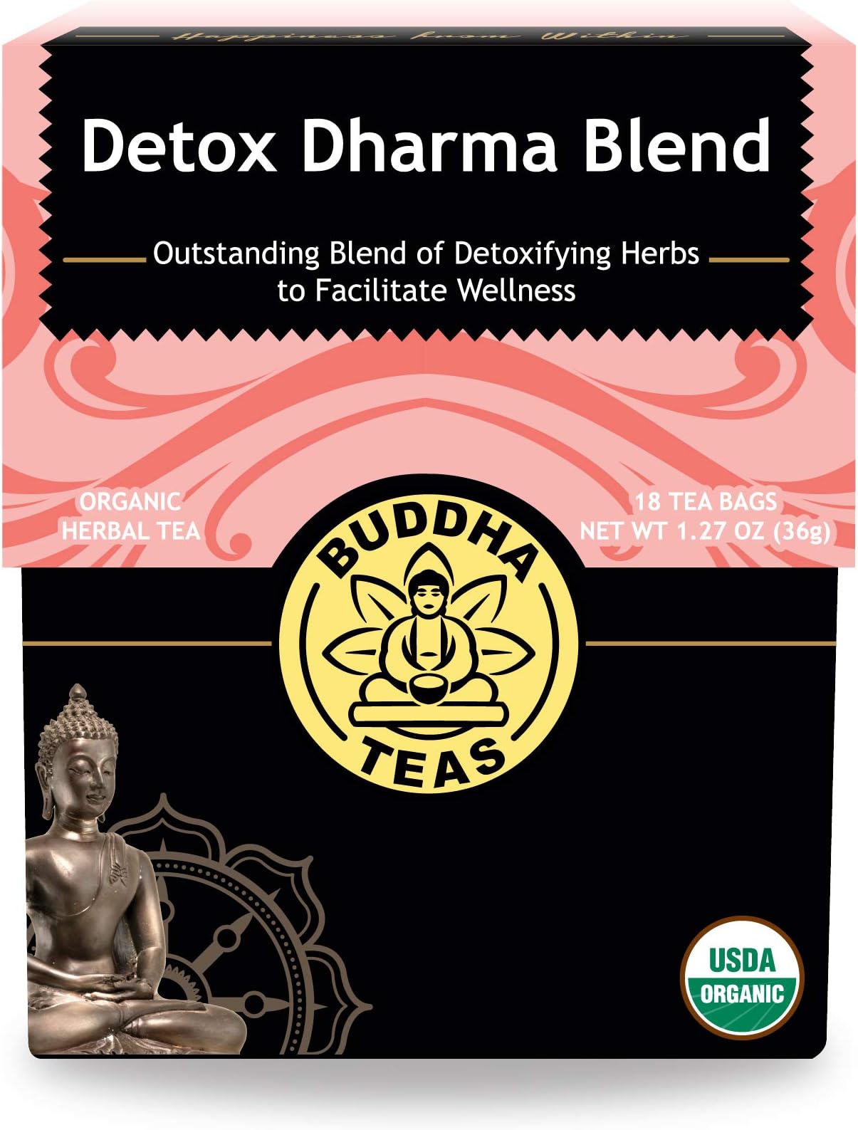 Buddha TeasBuddha Teas - Organic Detox Dharma Blend - Herbal Tea - For Health & Wellbeing - With Antioxidants & Minerals - Clean Ingredients - Caffeine Free - OU Kosher & Non-GMO - 18 Tea Bags (Pack of 1)