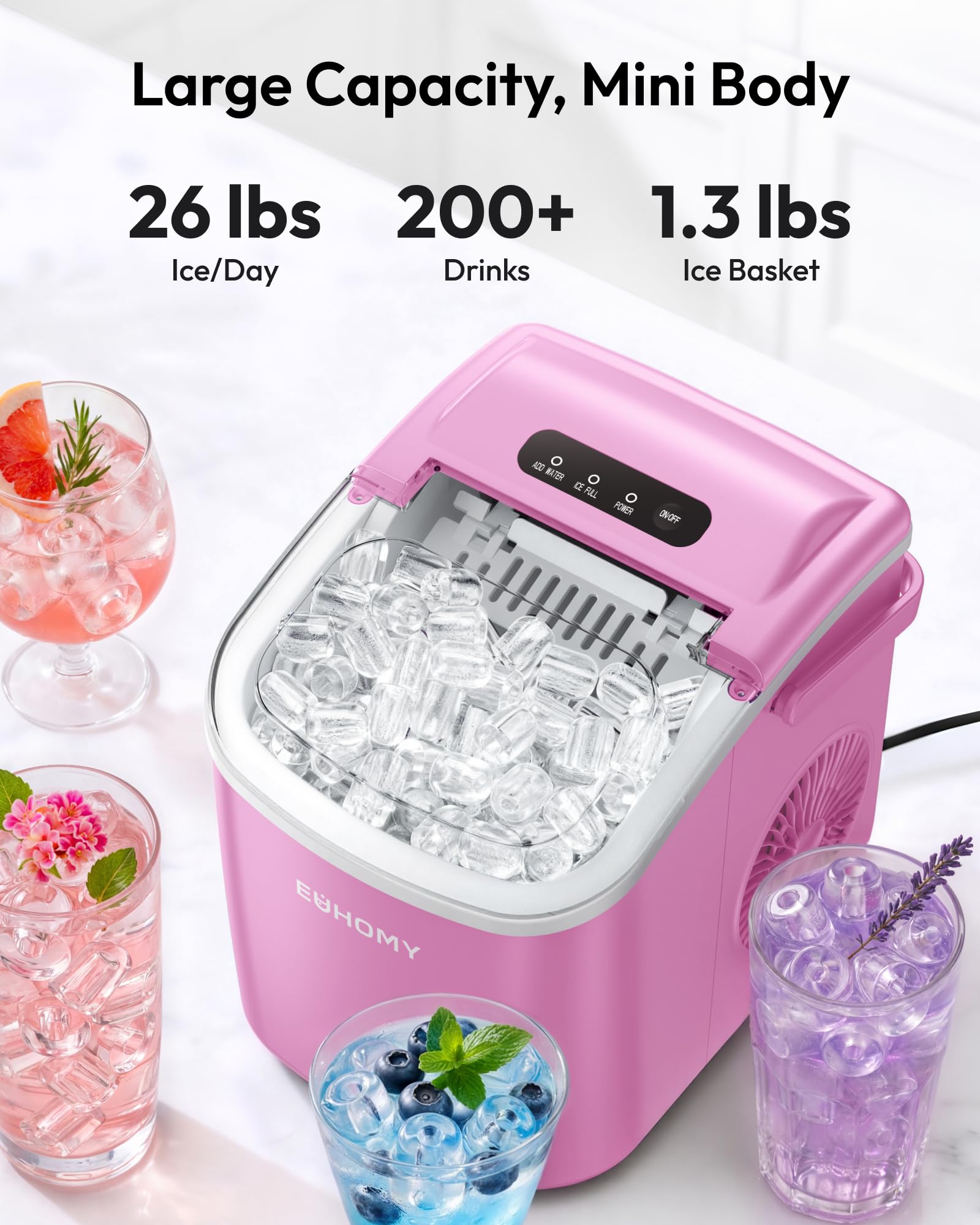 EUHOMY Máquina de hielo de banco con mango, 11,8 kg por día, 9 cubitos de hielo listos en 6 minutos, autolimpieza, para cocina, hogar, camping, caravana, fiesta, dormitorio