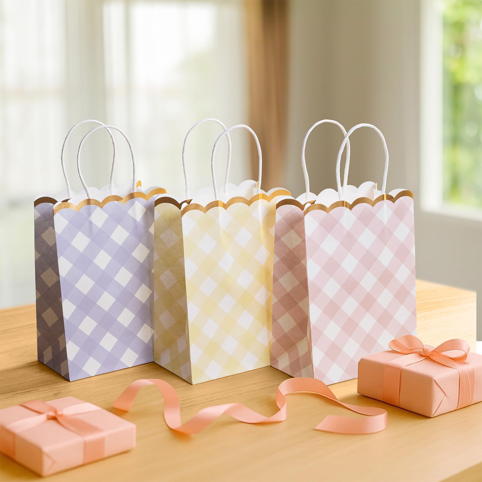 Small Gift Bags with Handles, 12-Pack Paper Party Favor Goodie Bags, 5.82 x 3.54 x 8.18 Inches, 6 Designs in Picnic Daydream, Ideal for Easter, Birthdays, Baby Showers, and Christmas Parties