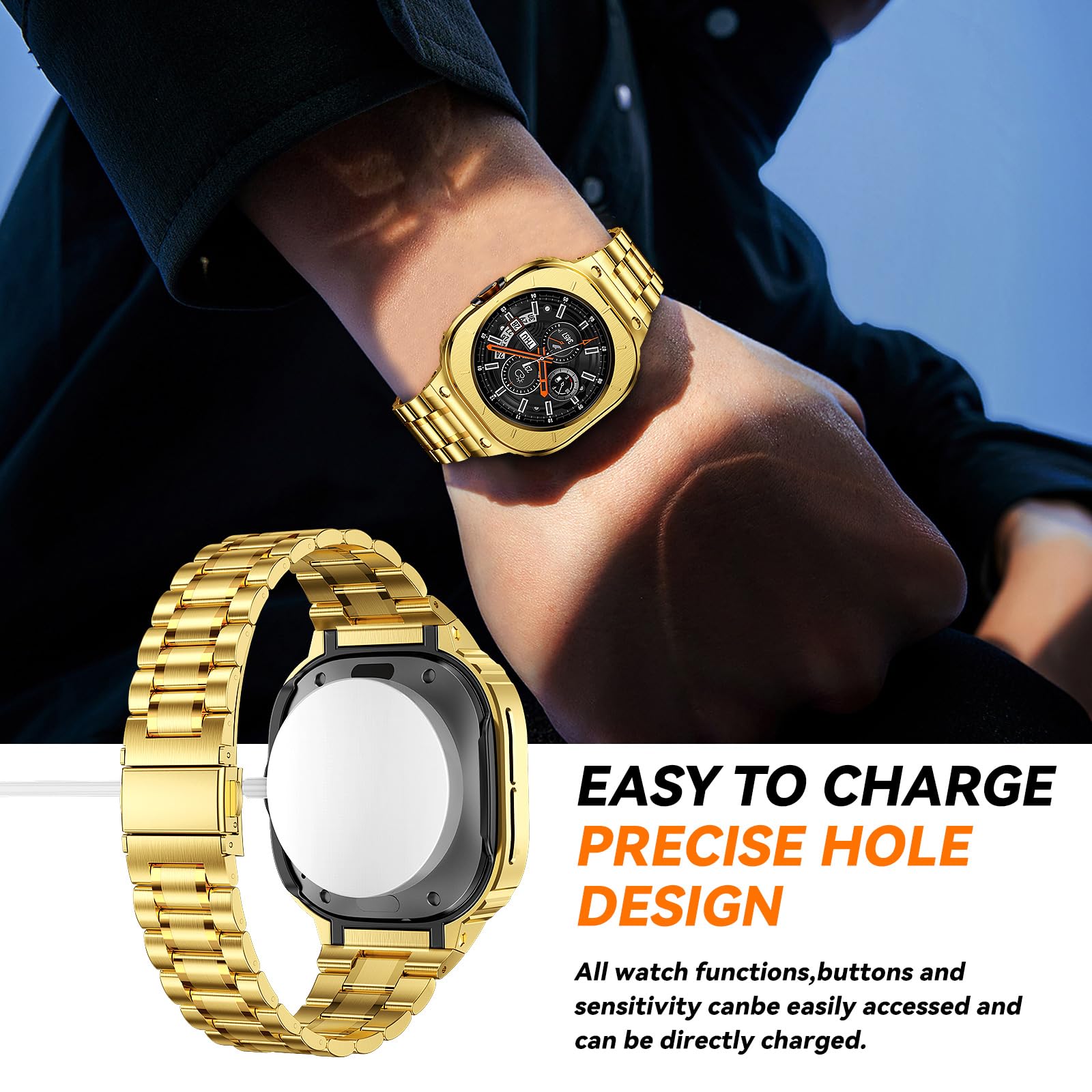 Paski ze stali nierdzewnej z obudową, kompatybilne z Samsung Galaxy Watch Ultra 47 mm, wytrzymałe etui ochronne i metalowy pasek do zegarka Samsung Galaxy Watch 7 Ultra, dla mężczyzn