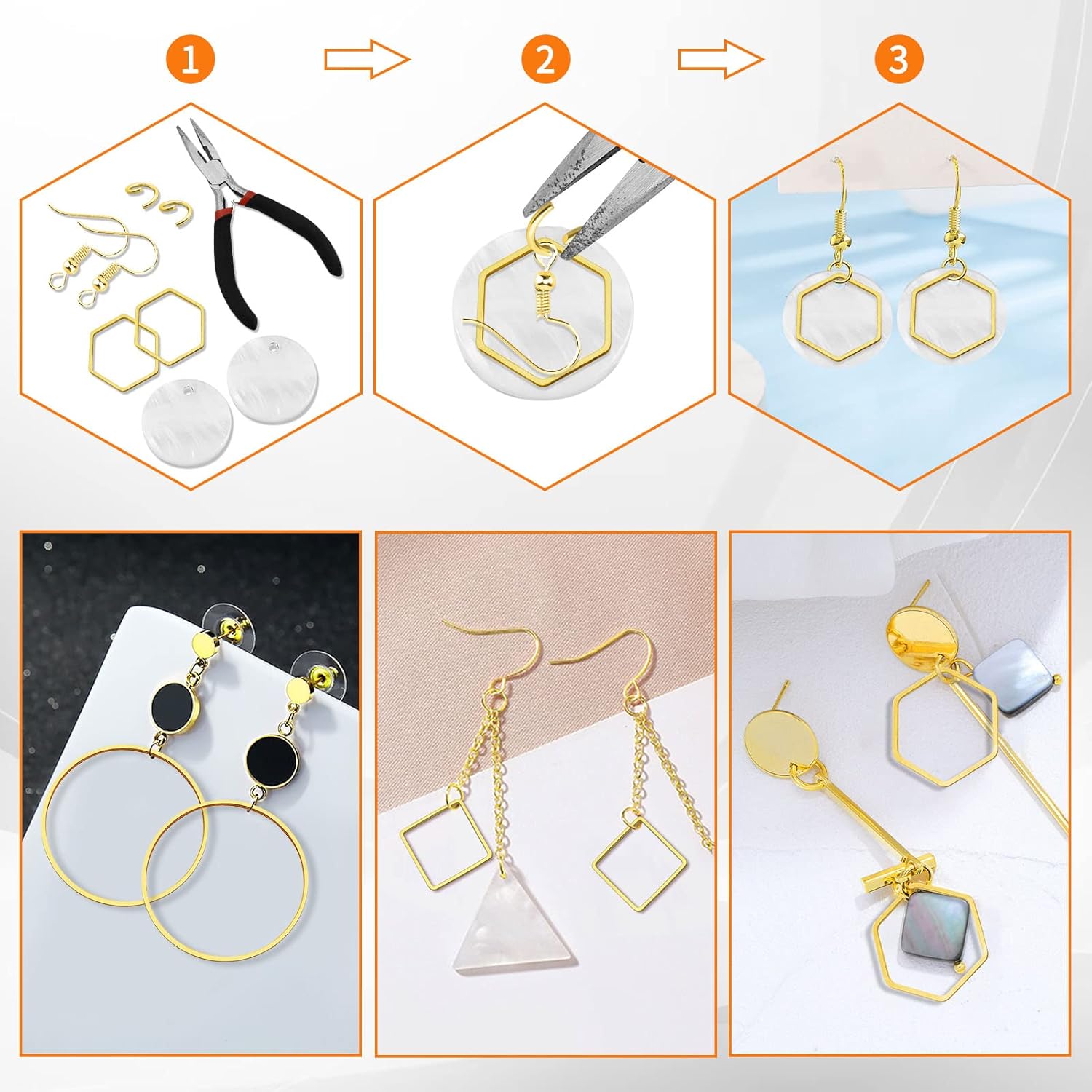 60pcs Beading Hoop Earring Findings Hypoallergenic Hexagon Square Round Earring Hoop Open Bezel Pendant Frame for DIY Crafts Accessories Supplies(Gold,3Shapes) - Image 4