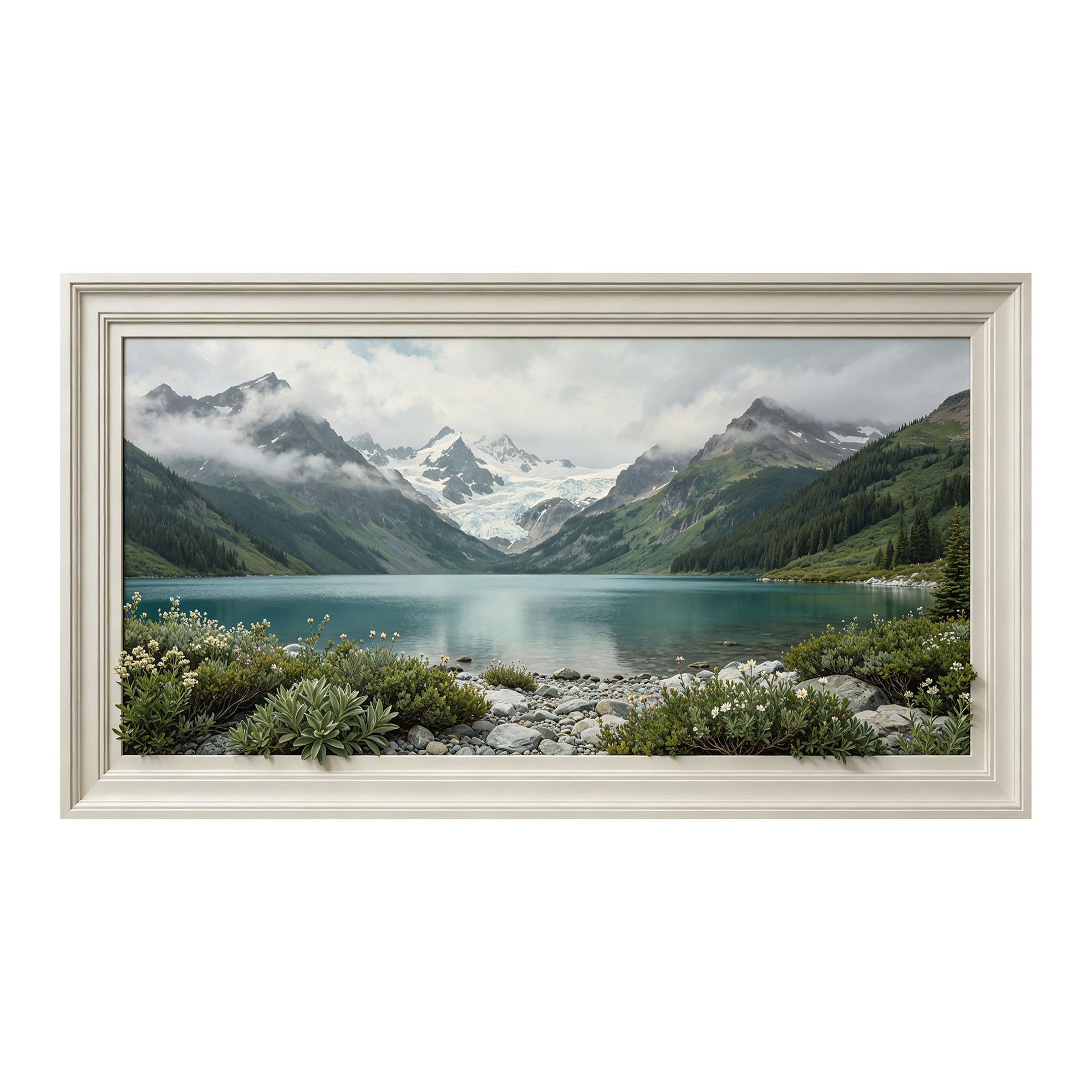 Yzpallescene 3D Framed Wall Art 50cm×100cm Snowy Mountain Lake Alpine Landscape Watercolor Large Size SelfAdhesive Removable Wall Decor Prints Artwork for Living Room Bedroom Office