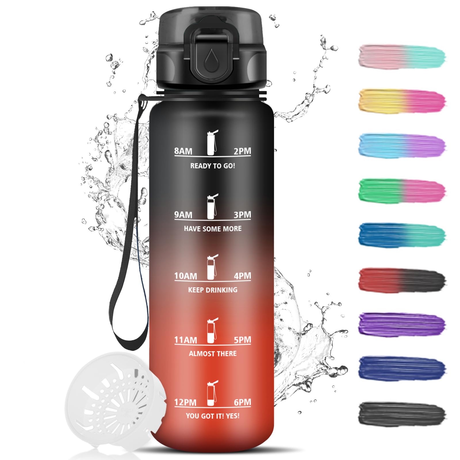 Grsta Boys Black-Red 1 Litre Sports Water Bottle With Filter, Leak-Proof, Motivational,
