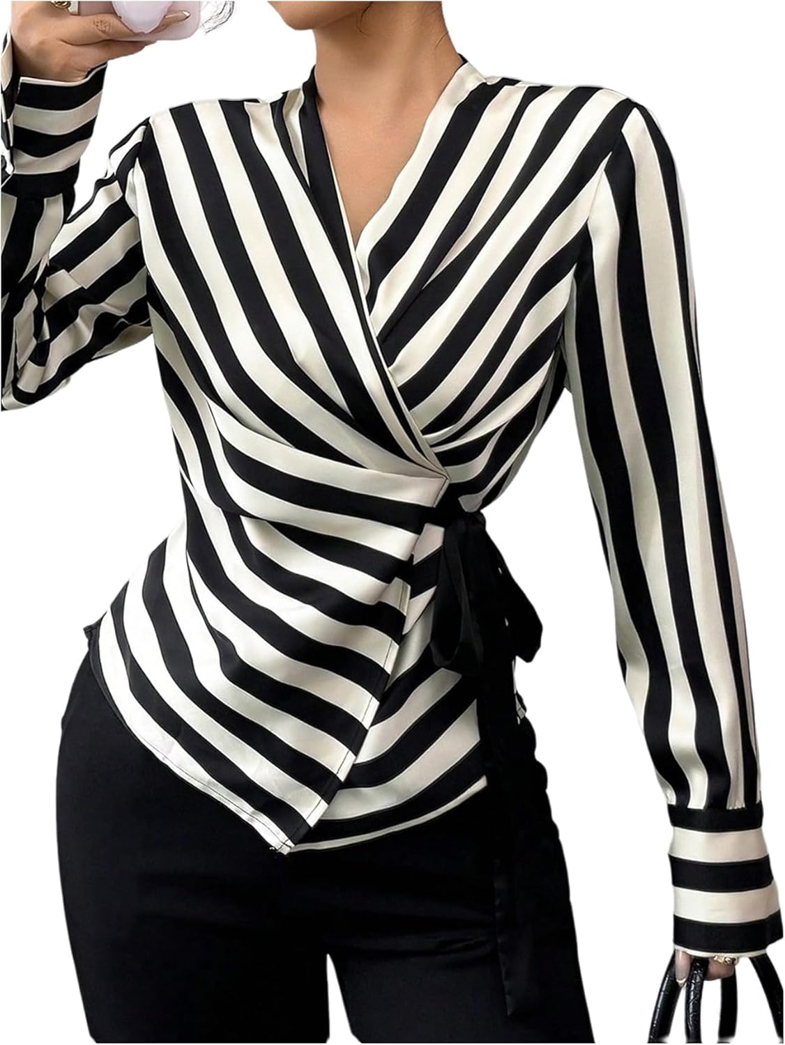 SweatyRocks Women's Long Sleeve Wrap V Neck Striped Blouse Tops Ruched Elegant Work Shirts - Image 5