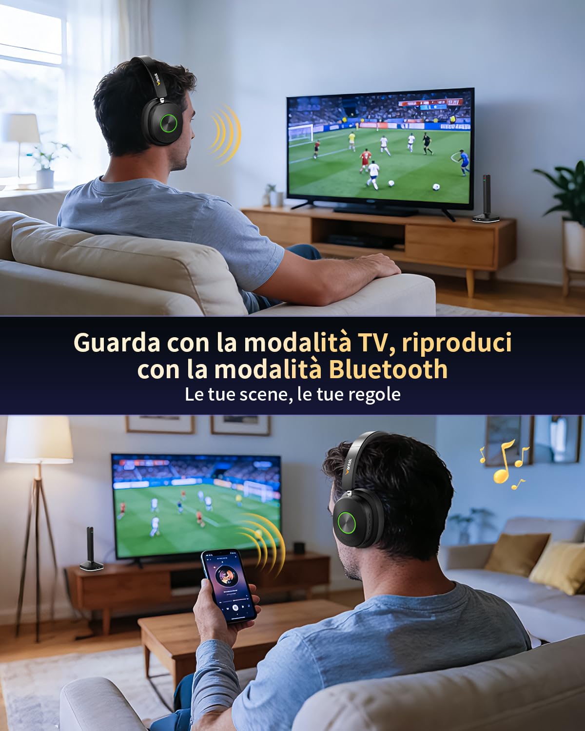 Wantek Cuffie radio per TV, senza fili, per anziani con stazione di ricarica, senza ritardo audio, Bluetooth 5.4, cuffie over-ear con 3 modalità audio