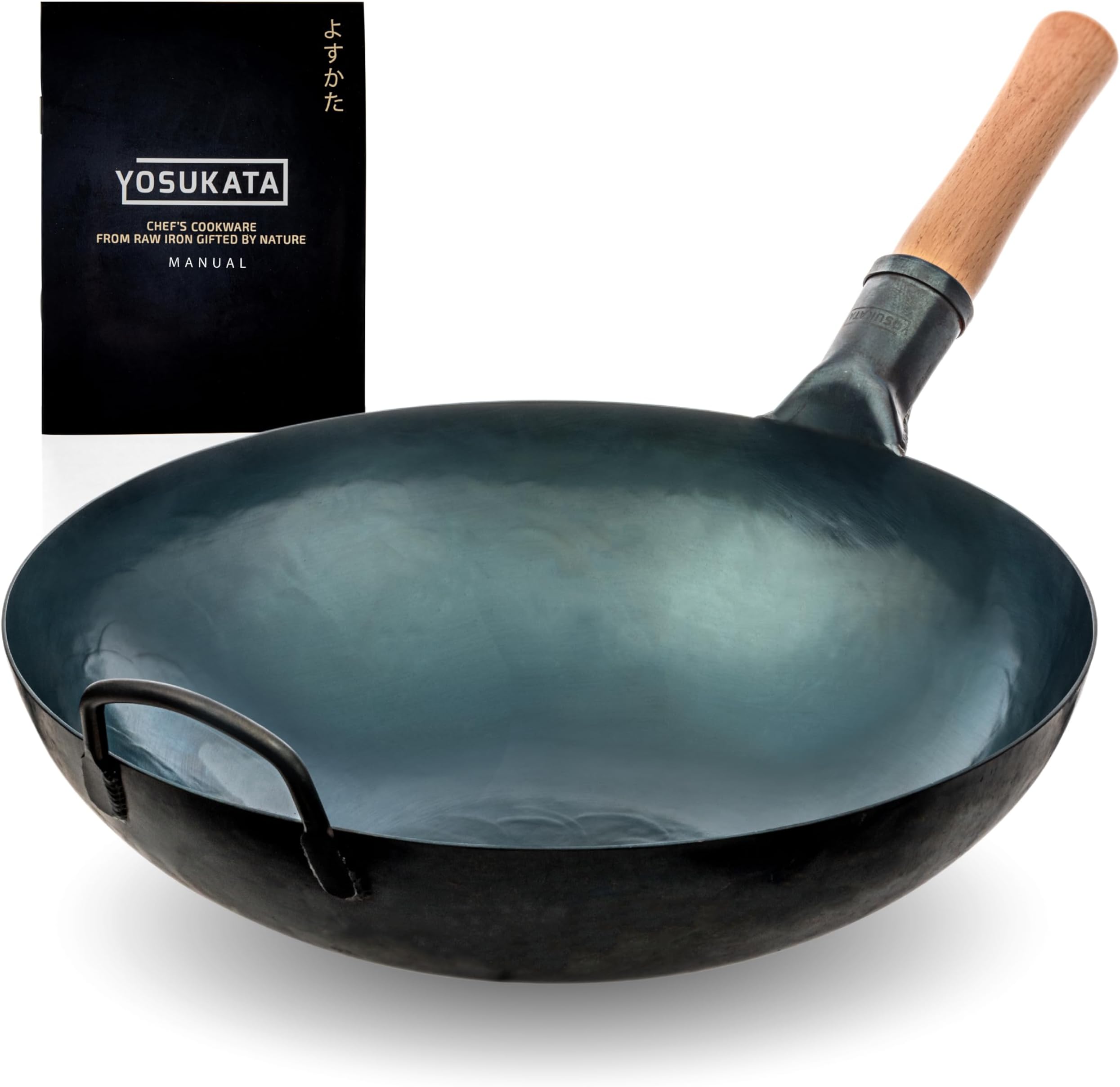 36 cm Round Bottom Carbon Steel Wok Pan – Blue Pre-Seasoned Pow Wok for Stir Fry, BBQ, Grill & Camping – Traditional Japanese & Chinese Cookware – Compatible with Gas Stoves & Open Fire Only