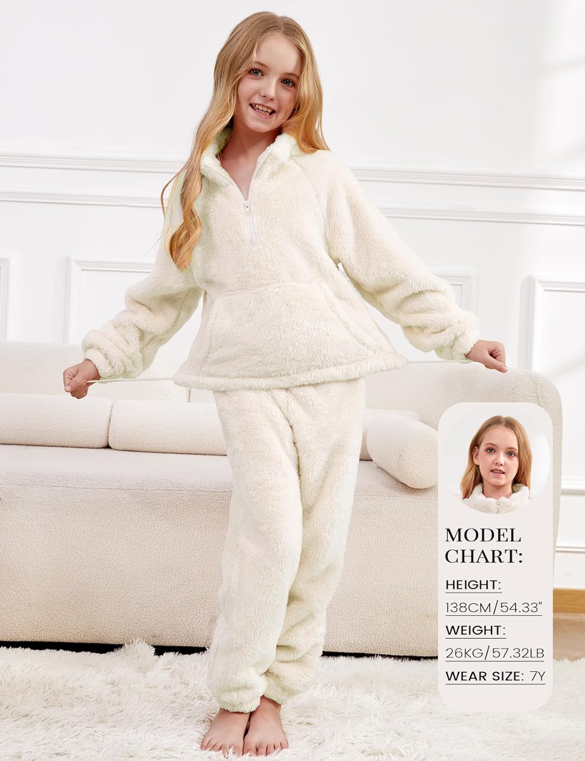 Yimoon Girls Fleece Pants Set Fuzzy 2 Piece Outfits Quarter-Zip Sweatshirt Pants Fall Winter Girls Clothing Set - Image 3