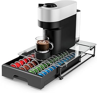 EVERIE Nespresso Vertuo Pod Holder Drawer, Coffee Pod Organizer with Universal Slots, Holds 40 Large or 52 Small Capsules, Tempered Glass Top Storage Drawer for Coffee Makers, 12" x 16.5" x 3.5"
