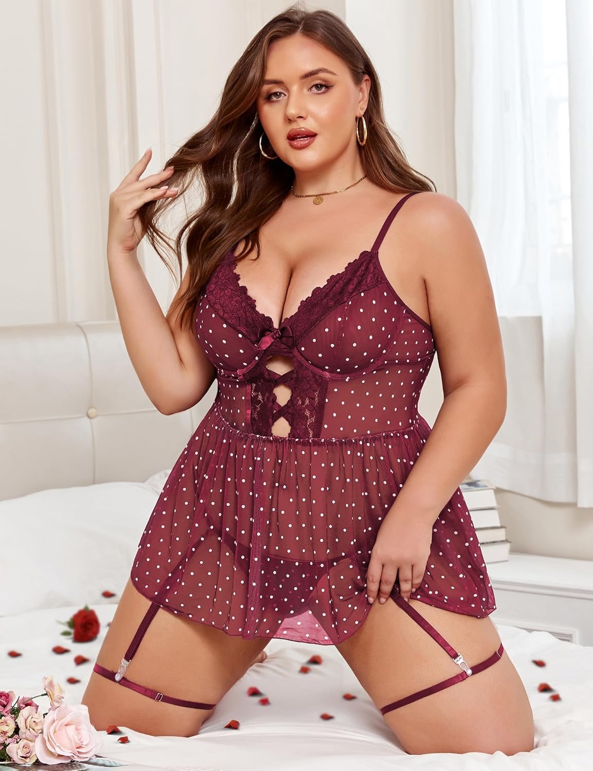 Plus Size Lingeire for Women Mesh Babydoll Dress with Gater Belt Lace Nightgown Chemise - Image 3