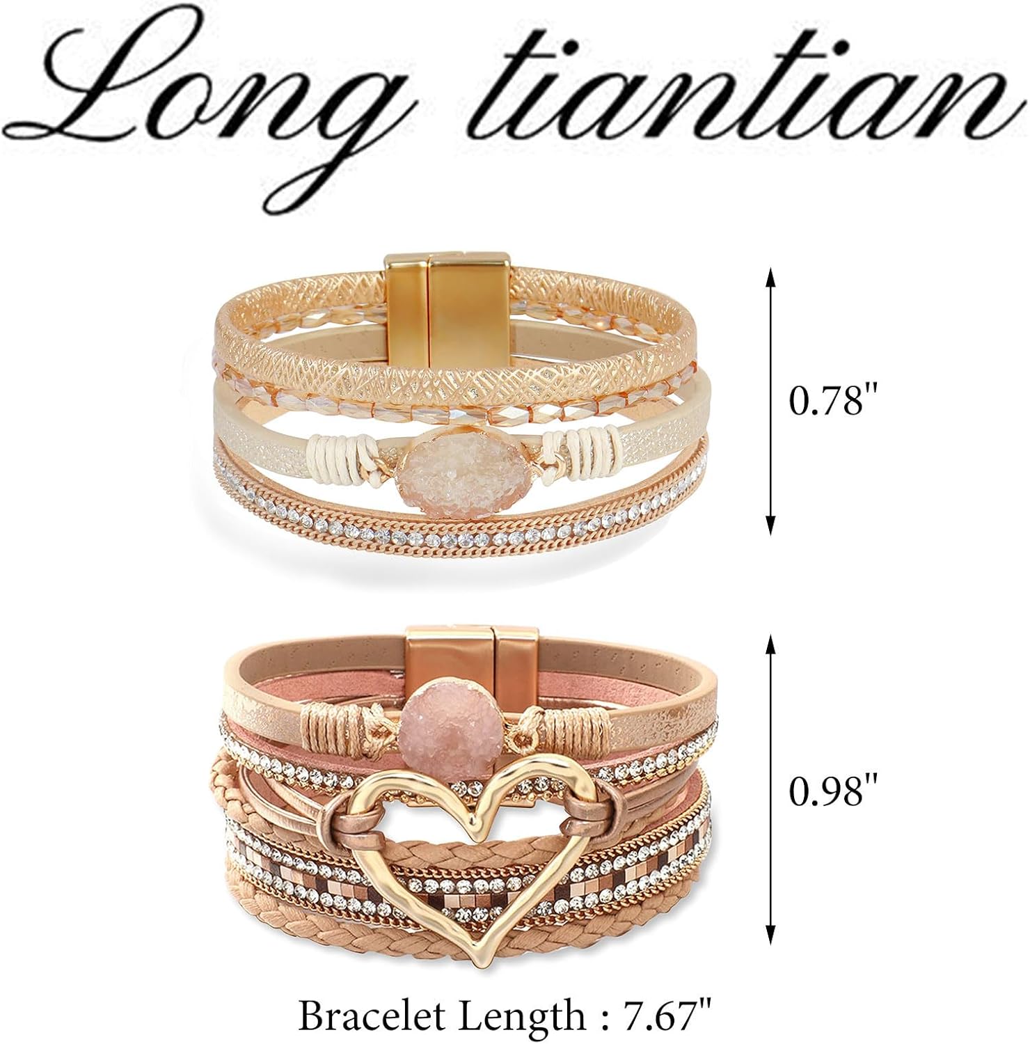 Long tiantian Leather Bracelets for Women Warp Bracelet Stackable Boho Layered Bracelet Chunky Heart Trendy Birthday Gifts for Her - Image 7