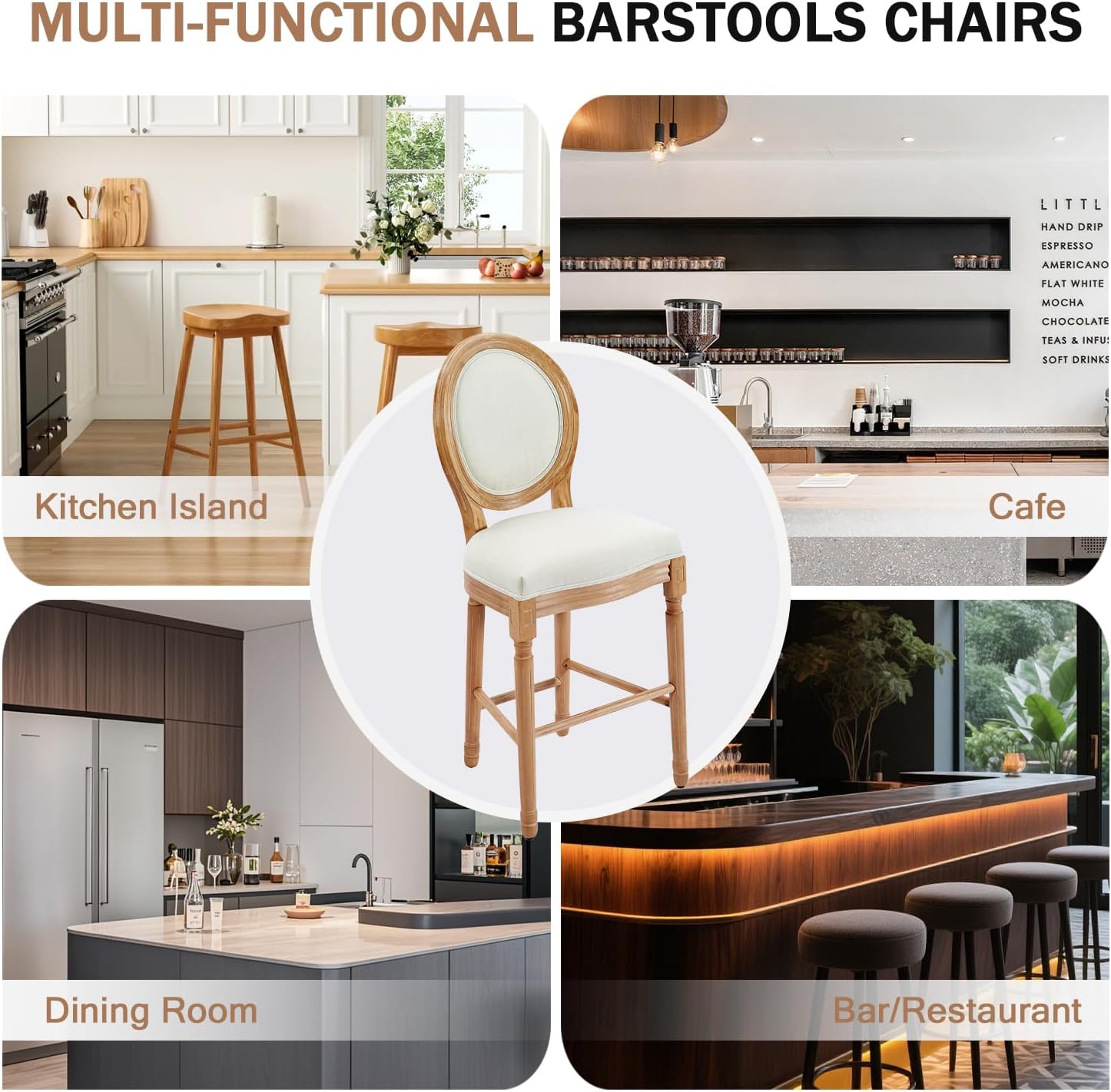 Nrizc Bar Height Chairs Set of 2, French Country Barstools with Solid Wood Frame and Upholstered Seating, Bar Stool for Dining Room, Kitchen