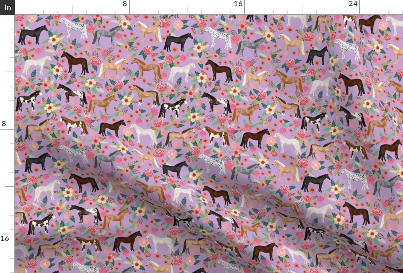 Spoonflower Fabric - Horse Multi Floral Horses Purple Farm Animal Cowboy Pet Portrait Printed on Minky Fabric by The Yard - Sewing Baby Blankets Quilt Backing Plush