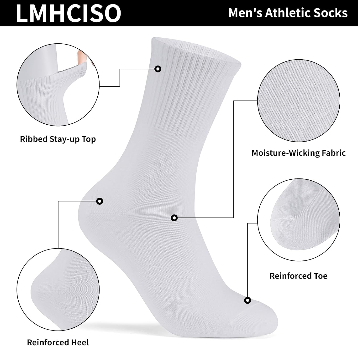 Mens Crew Athletic Socks for Men Lightweight 8 Pack Black Size 8-13