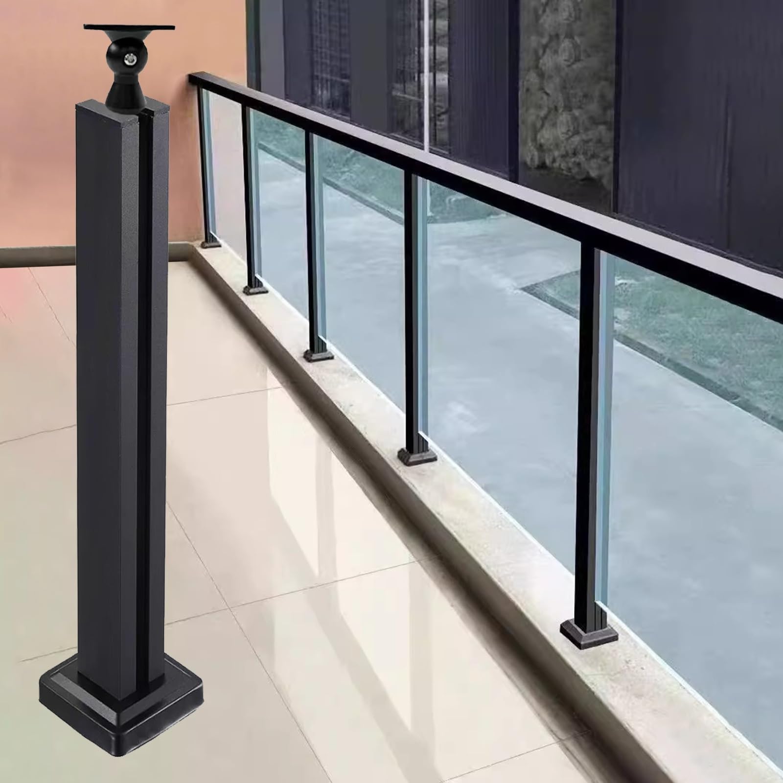 Czarny szklany słupek ogrodzeniowy z uchwytem do il - metalowe szklane kolumny balustradowe do wewnątrz/na zewnątrz, na taras, balkon, schody i balustradę poddasza (70 cm)