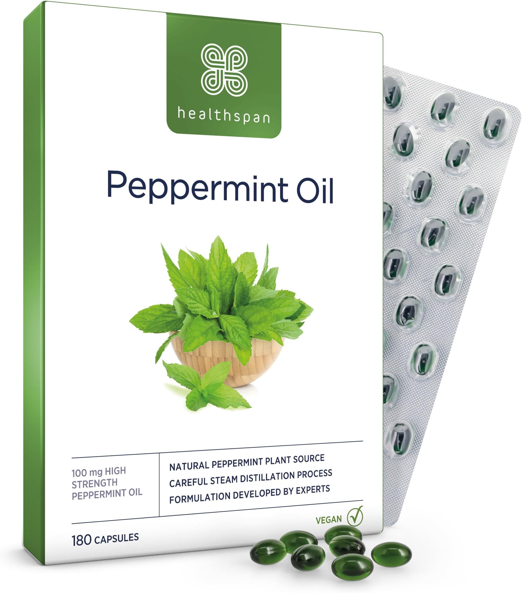 Healthspan Peppermint Oil 100mg | 180 Capsules | One Daily Capsule | Vegan