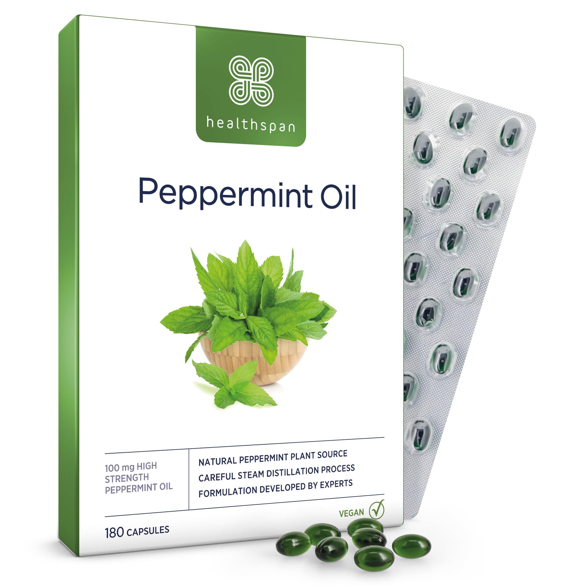 Healthspan Peppermint Oil 100mg | 180 Capsules | One Daily Capsule | Vegan