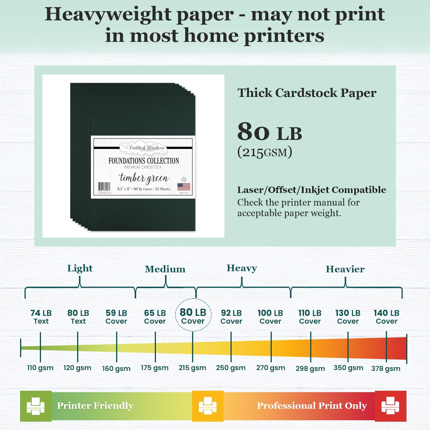 Cardstock Warehouse Foundations 100% Recycled Timber Green Forest Cardstock Paper - 25 Sheets 8.5 x 11 80 lb/215 GSM Premium Dark Green Card stock for Die-cutting Laser, Inkjet Printing & DIY Projects