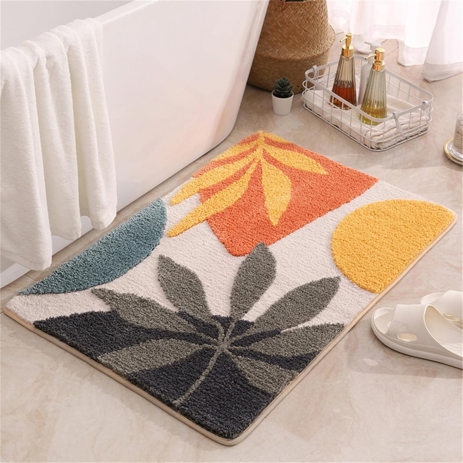 Bath mat Rug Boho Plant Abstract Art Brown Washable Bathroom Rugs,Non-Slip Shaggy Water Absorbent Flocking Microfiber Soft Fluffy Botanical Bathmats Doormats Rectangle 19.7x31.5 inch