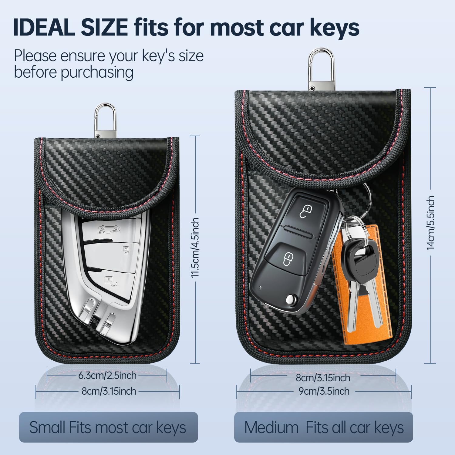 caslord Faraday Pouch for Car Keys, Pack of 2 Anti-Theft RFID Key Fob Protection Bag with 4 Pack Key Rings for Car Security, M, Red and Blue — view 6