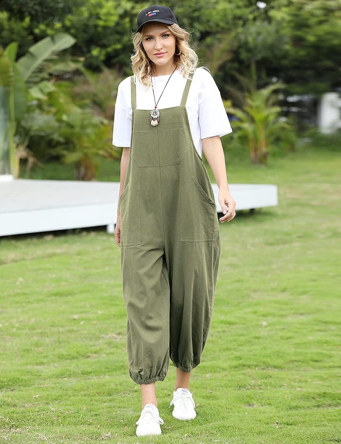 YESNO Women Casual Loose Cute 'Low Bib' Bloomers Overalls Baggy Cotton Rompers Jumpsuits with Pockets PW7 : Clothing, Shoes & Jewelry