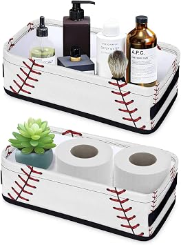 Baseball Small Bathroom Basket Toilet Tank Topper Paper Basket, Sport Themed Softball Baseball Fabric Storage Organizer Bin Small Baskets Decor for Bathroom Counter, Shelf, 2 Pack
