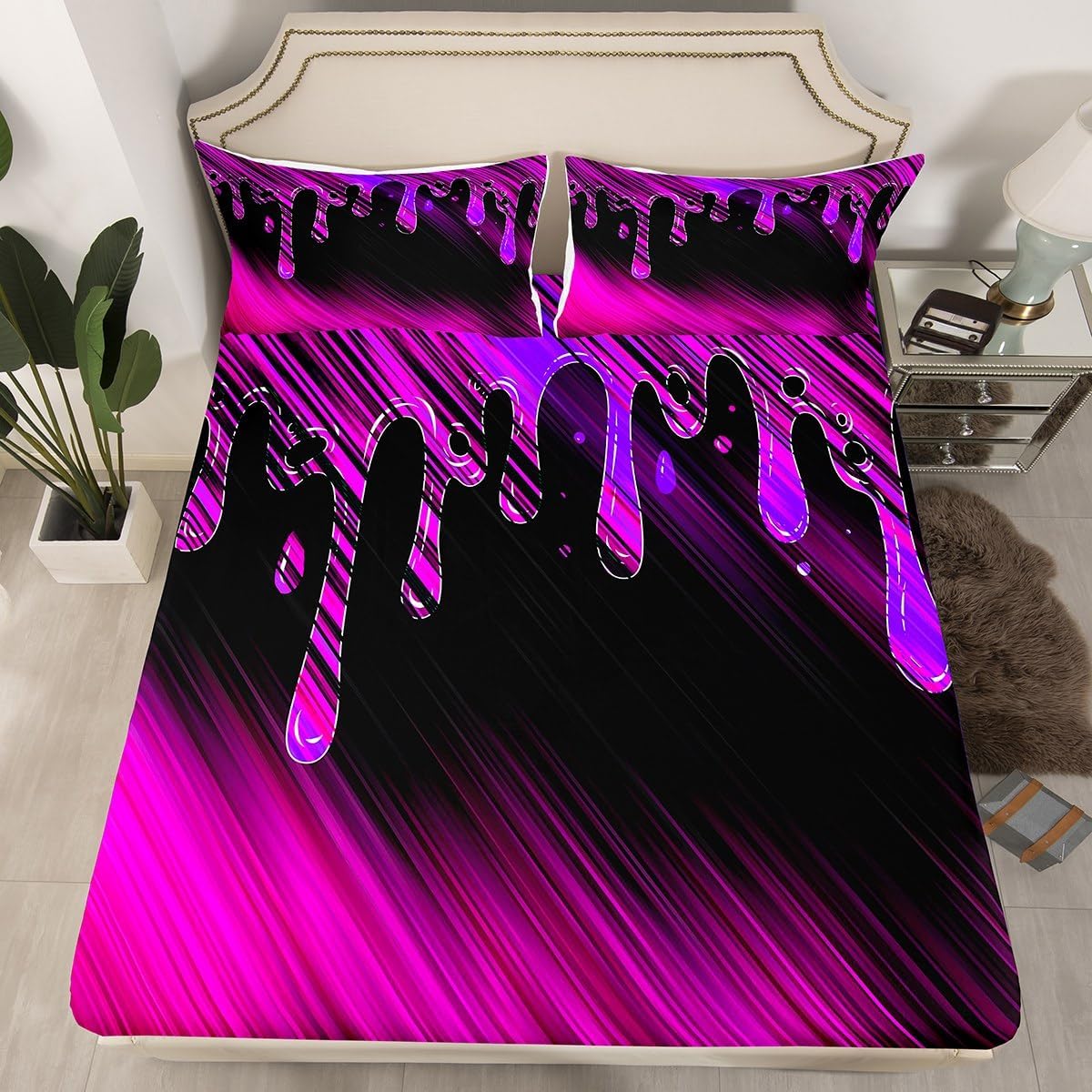 Feelyou Abstract Bed Sheet Set Kids Ombre Purple Black Fitted Sheet Modern Art Bedding Set for Women Men Room Decor Drop-Shaped Bed Cover Full Size with 2 Pillow Case