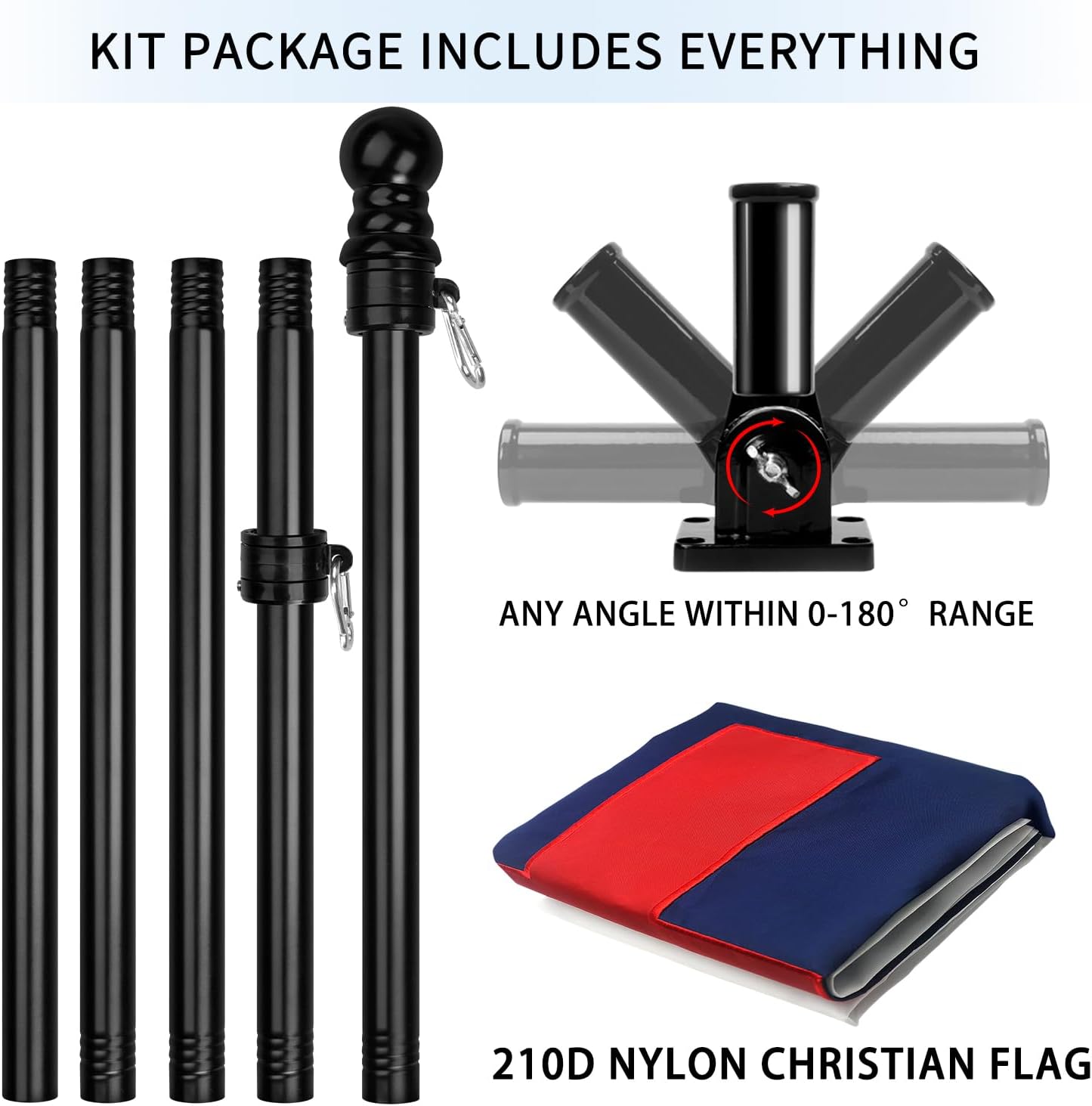 Christian Flag with Poles for Outside House, 6ft Stainless Steel No Tangle Spinning Flag Pole, 180° Multi- Position Mounting Bracket, 3x5 ft Nylon Jesus Flag, Wind Resistant Rust Free Kit (Black) - Image 6