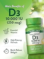 Vista 5 de Nature's Truth Suplemento de cápsulas blandas de vitamina D3 de 10,000 UI 100 unidades Fórmula de alta potencia Sin OMG y sin gluten