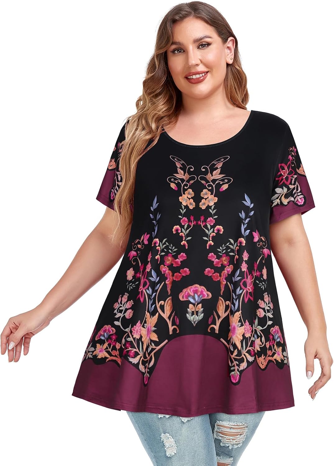 JOELLYUS Plus Size Tops for Women Tunic Floral Casual Short Sleeves T Shirts Flowy Blouses - Image 6
