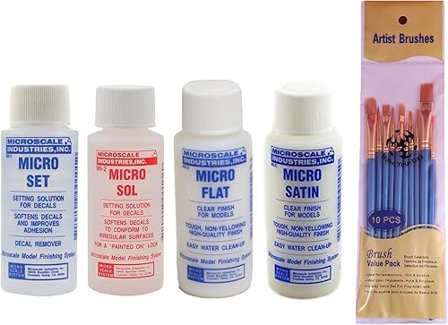 Microscale Industries, Inc. Micro Set, Micro Sol, Micro Flat, Micro Satin, Botellas de 1 oz, Uno de cada uno con Juego de pinceles Make Your Day