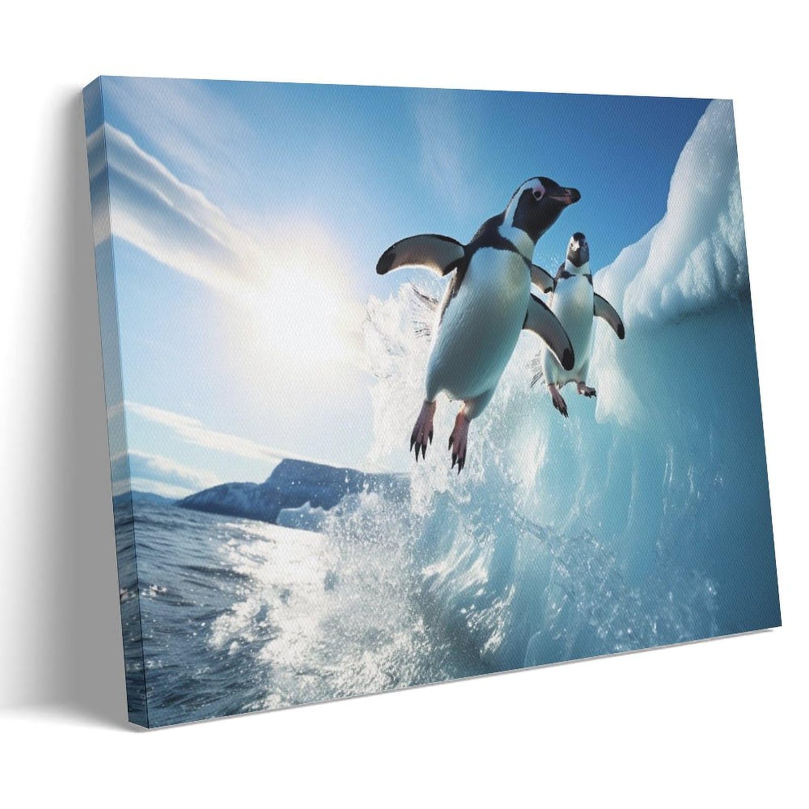 AYAROS Ocean Penguin Wall Art for Living Room Black And White Animal Paintings on Canvas Wall Art Poster for Home Decorations Wall Decor Framed 16x24 inch