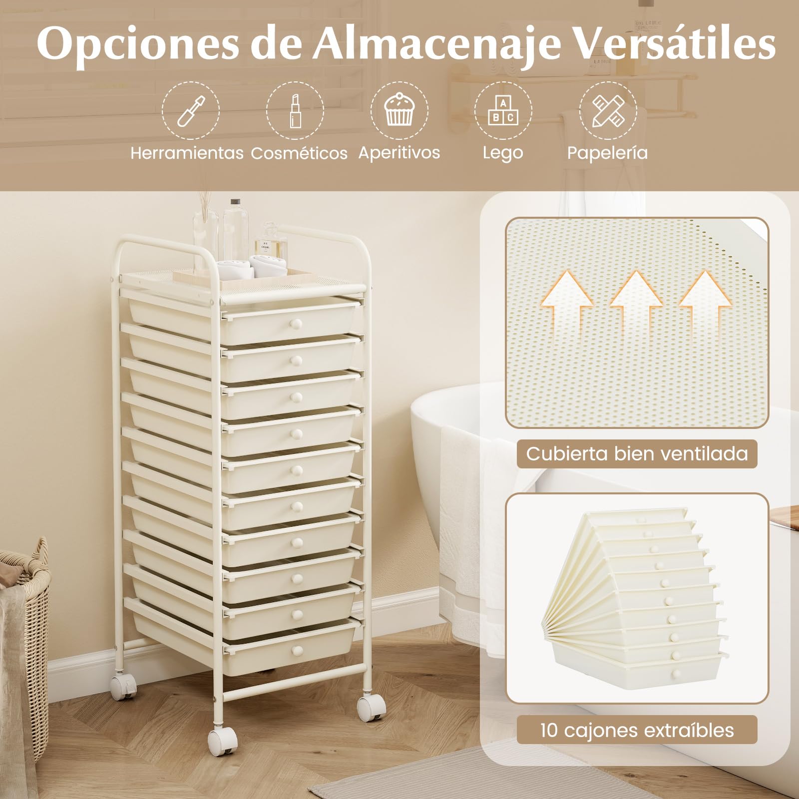 COSTWAY Estantería Baño, Carrito Auxiliar con Ruedas, Organizador Baño con Estructura de Metal, Carro Auxiliar con Cajones de Pástico Extraíbles, para Cocina, Baño, Oficina (10 Cajones, Blanco)