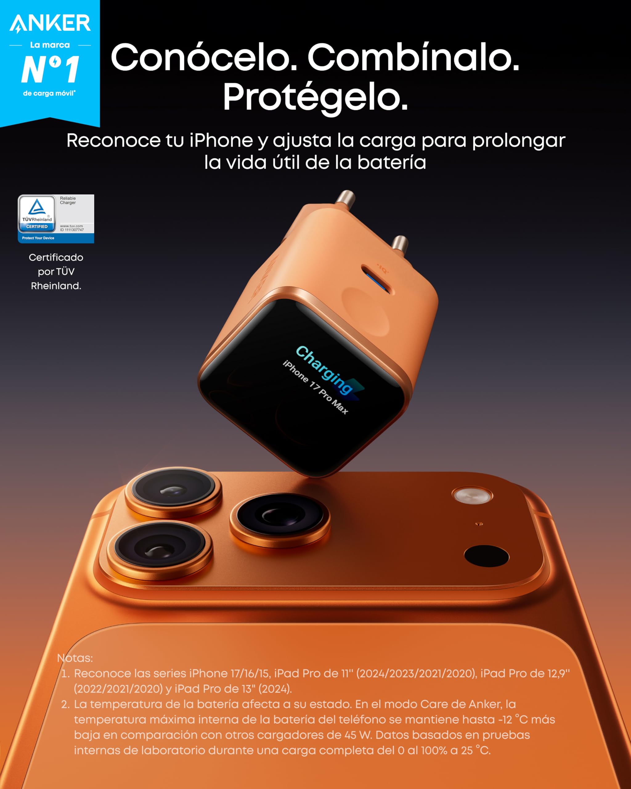 Anker Nano Cargador iPhone Carga rapida Inteligente 45W, Cargador USB C con reconocimiento Inteligente, Compatible con iPhone 17/16/15, MacBook y Apple Watch - 3