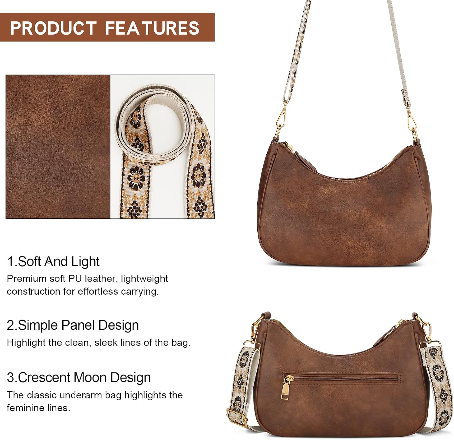 KKXIU Small Cute Purses for Women - Vintage PU Leather Shoulder Bag, Boho Crossbody Bag with Detachable Ajustable Wide Strap