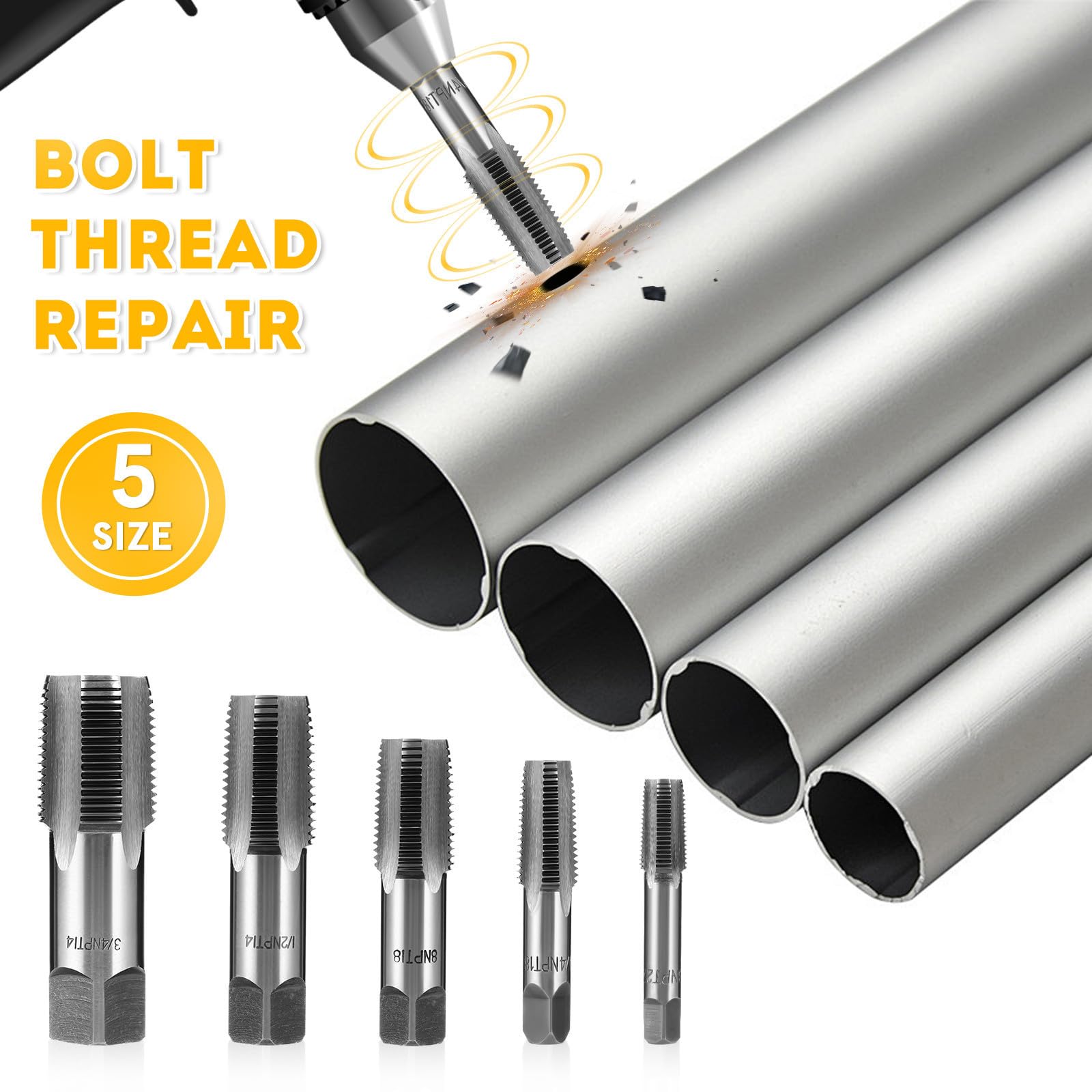 5pezzi Punte Filettate Npt Acciaio Al Carbonio Kit Per Maschiatura Con Diverse Per Idraulica e Manutenzione Meccanica Design Compatto Con Custodia Per Facile Accesso e