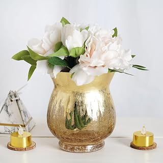 Tableclothsfactory Pack of 2 6" Tall Handmade Gold Foil Crackle Glass Vases Hurricane Candle Holders
