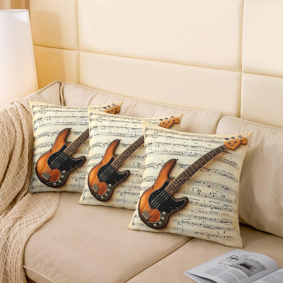 Guitar Print Double Sides Print Pillow Covers 16"x16",Music Themed Bass Instruments Pillowcase Soft Square Cushion Cases,Rustic Music Score Note Pattern Throw Pillow Covers,Set of 2 image 4