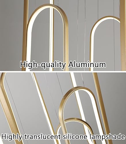 Miniatura 7 de Candelabro moderno de 6 anillos, luz LED dorada grande contemporánea para escalera, lámparas de techo alto regulables con control remoto para villa