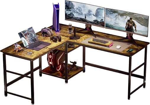 DEWEL Gaming Desk, Computer Desk, Width 170+150cm x Depth 60cm, L-Shaped Desk with Storage Shelf, Sturdy 40x20mm Steel Pipe, Workstation, Study Desk, Space Saving, Easy Assembly