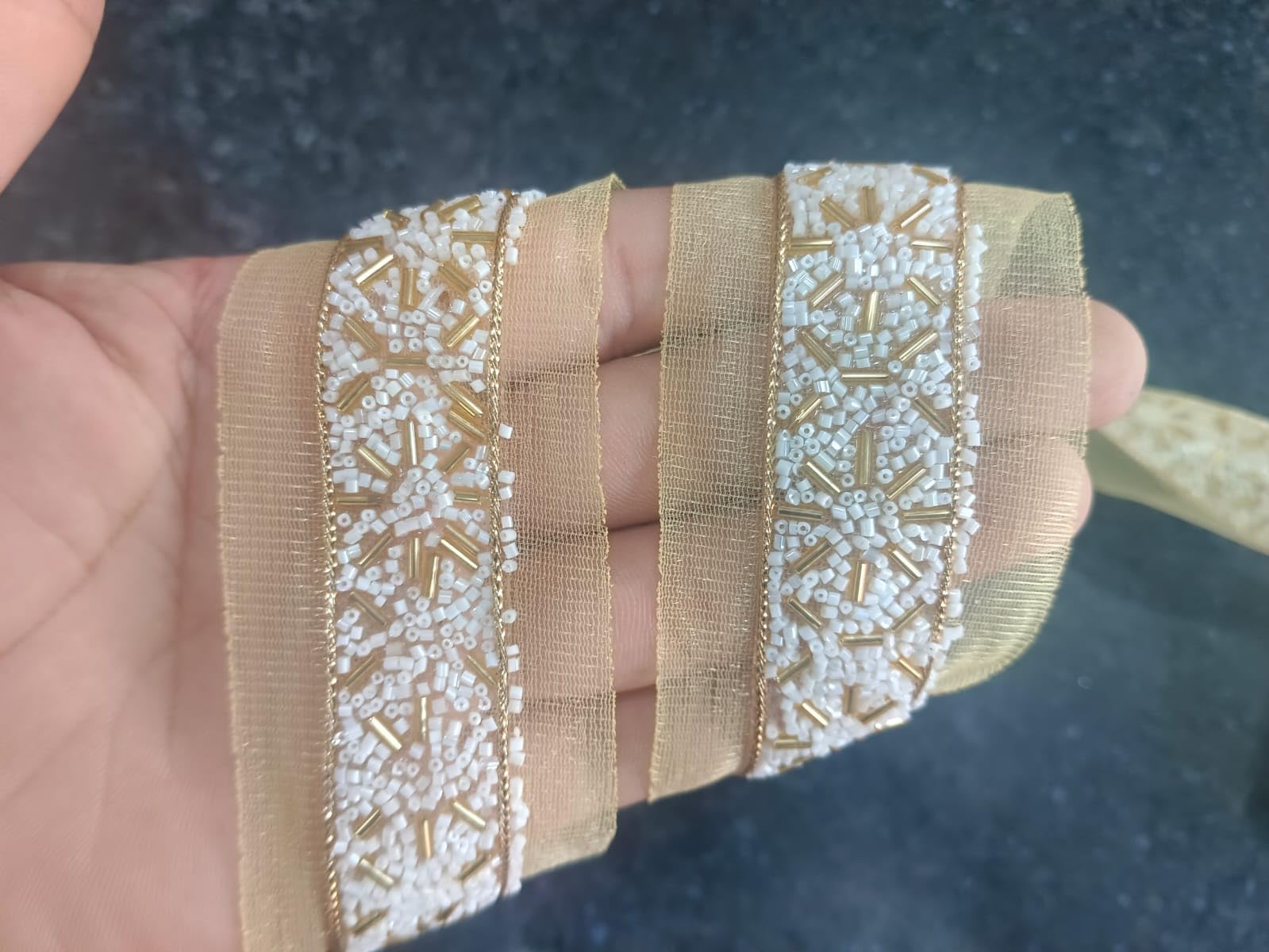 Small Pearls Sticking by Machine Lace Border – 9 Meter Golden & White Trim for Saree, Lehenga, Dupatta, Blouse, Dress & Craft Decoration – Designer Fabric Embellishment