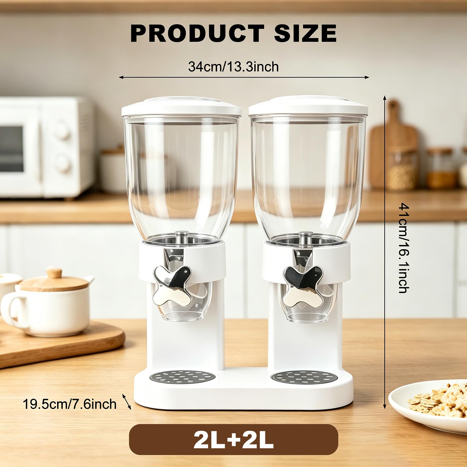 Dispenser per cereali da 2 l, contenitore ermetico per cereali, riso, cereali, caramelle, chicchi di caffè, 29 x 35 x 16 cm, dispenser per cereali e dolcificanti (bianco doppio)
