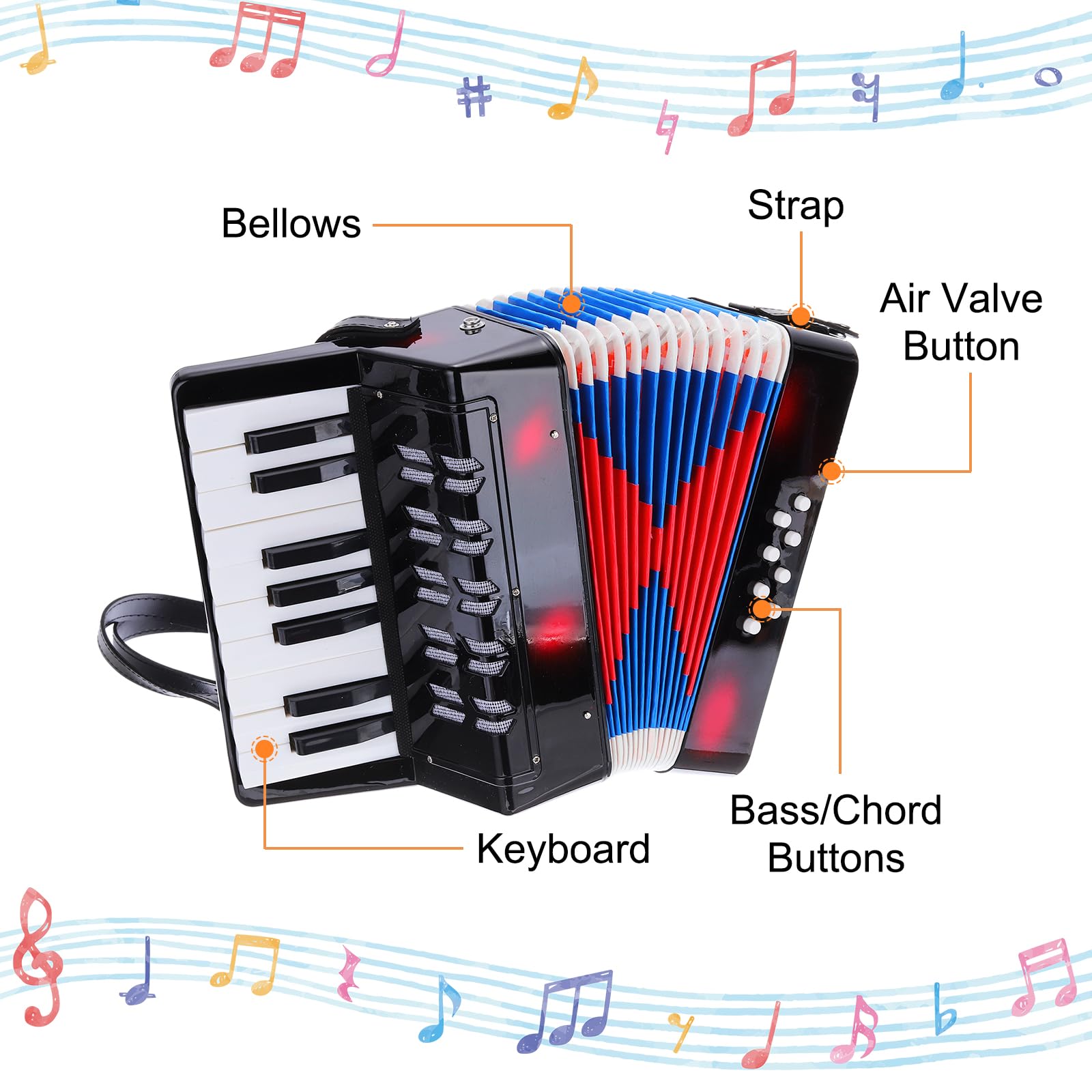 sourcing map Fisarmonica, 17 tasti, 8 tasti basso, fisarmonica giocattolo mini strumento musicale leggero per adulti principianti educativo, nero